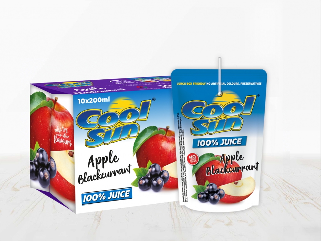 Apple Blackcurrant Juice 100%. Available in 10 pack and 40 pack.