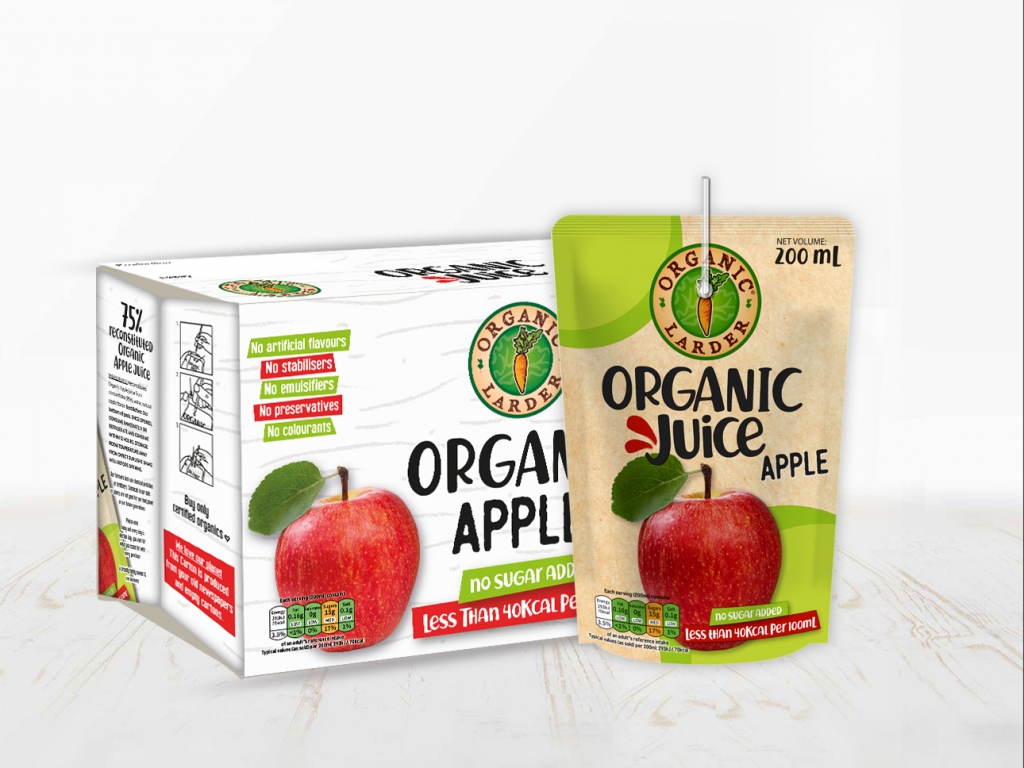 Organic Apple Juice 75%. Available in 10 pack.